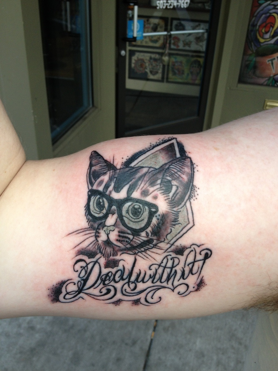 Cute Cat Tattoo On Arm For Men