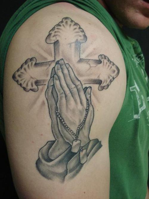 Nice Praying Hands with Cross Background Tattoo Designs