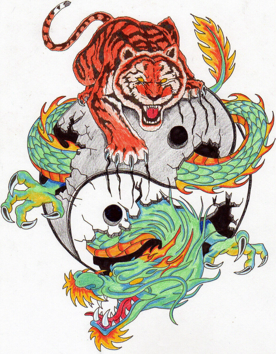 Colorful Tiger and Dragon Tattoo Design