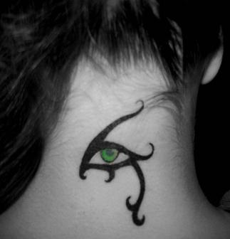 Cute Huros Eye Tattoo Designs on Neck for Women
