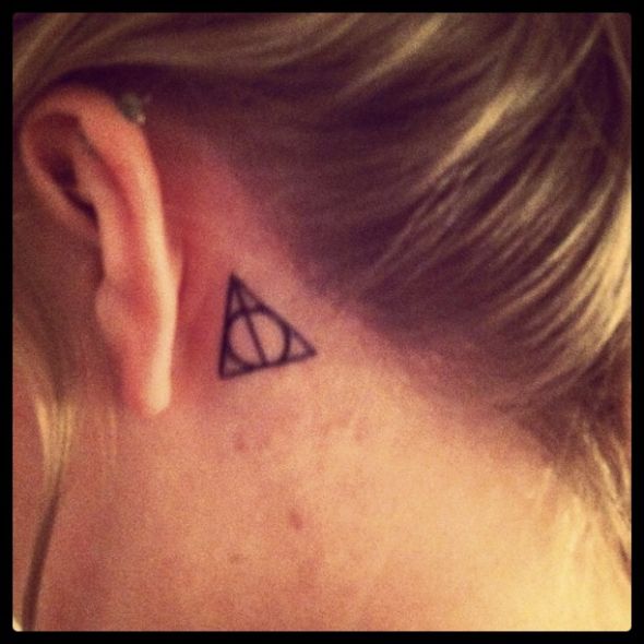 Exotic Harry Potter Triangle Symbol Tattoo Design Idea on Behind Ear for Girls