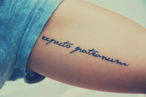 Cool Minimalist Harry Potter Spell Expecto Patronum Tattoo on Inner Upper Arm