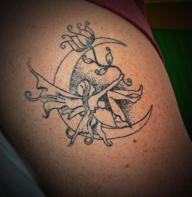 Beautiful Fairy On Moon Shaped Tattoo Design Pic