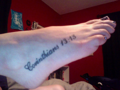 Bible Verse “Corinthians 13:13” Tattoo Design on Feet