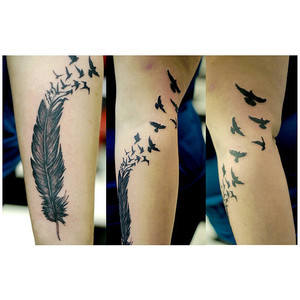 Cool Feather into Birds Sleeve Around Tattoo