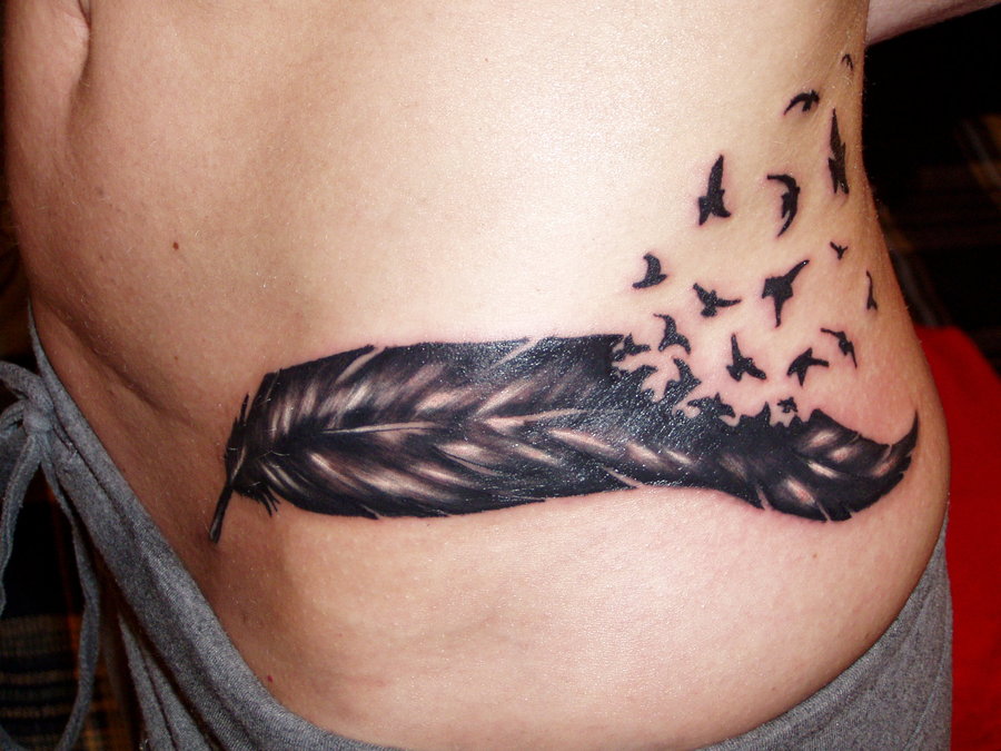 Beautiful Feather And Birds Tattoo on Women Lower Side Body