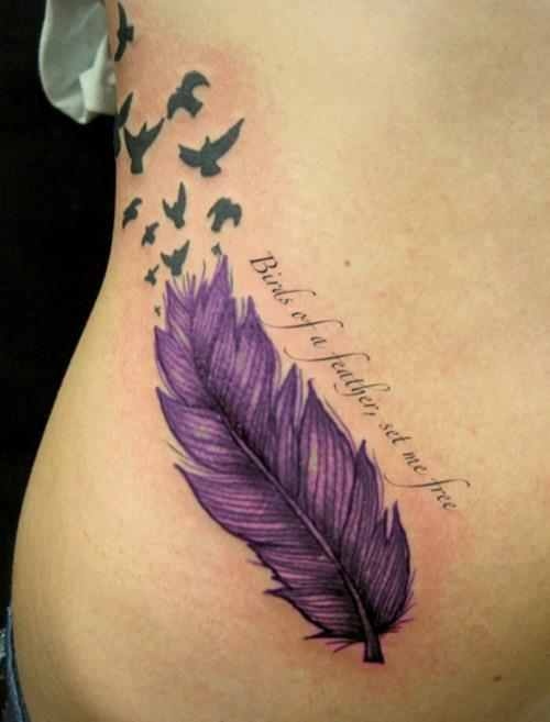 Amazing Purple Black “Birds of A Feather Set Me Free” Quote Tattoo