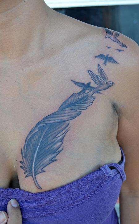 Blue Feather Birds Women Chest Tattoo (NSFW)