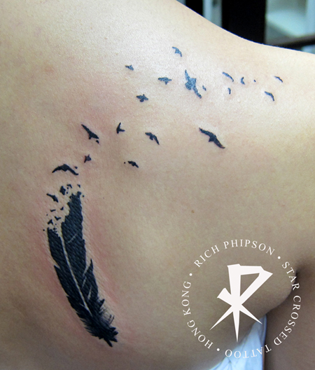 Complete Feather Turning into Birds Back Shoulder Tattoo