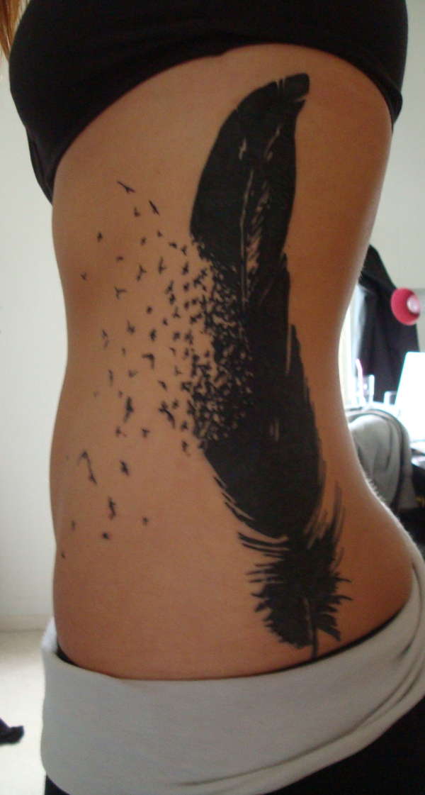 Awesome Huge Birds of A Feather Tattoo on Side Belly