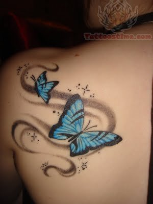 Feminine Sparkly Blue Butterfly Upper-back / Shoulder Tattoo Designs for Women