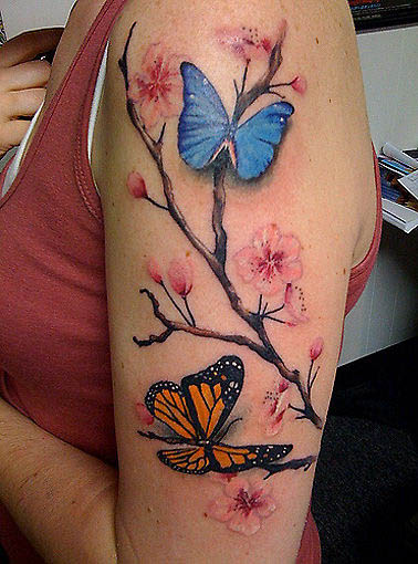 Beautiful Life-like Butterflies and Flowers Upper-arms Tattoo Design for Women