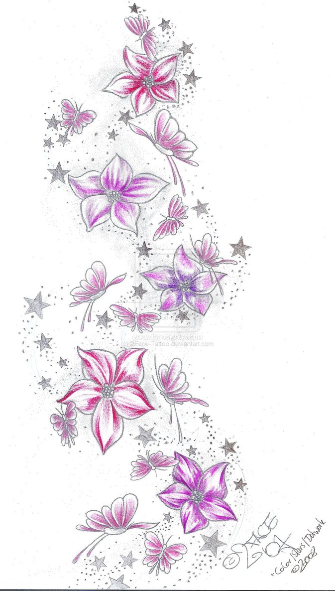 Stars Flower Butterflies Tattoo Sketch