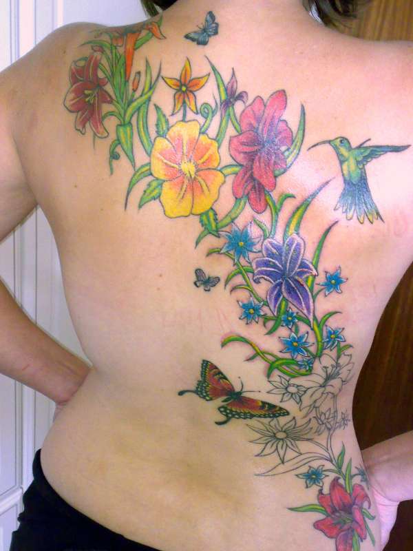 Colorful Flower Star And Butterfly Tattoo Designs