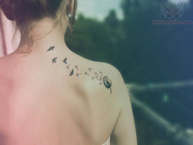 Black Picturesque Bird Dandelion Shoulder Back Tattoo For Girls