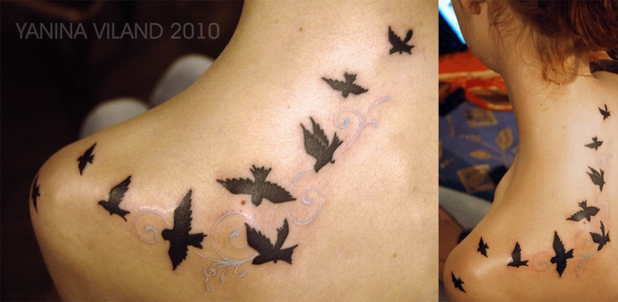 Exquisite Silhouette Of Birds In Flight Tattoo By Yanina Viland