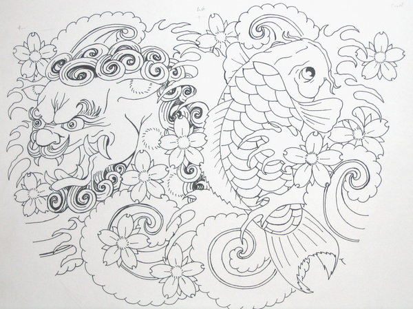 Foo Dog And Koi Tattoo Sketch