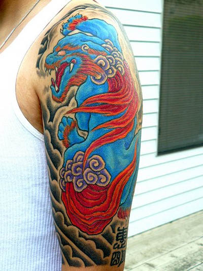 Red And Blue Foo Dog Tattoo Sleeve Ink Art Tattoos