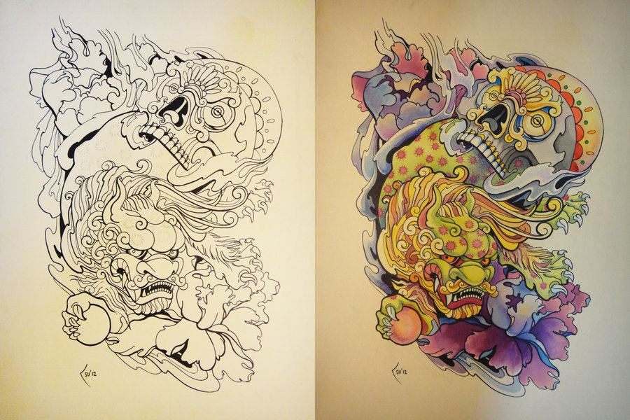 Tattoo Design Japanese Foo Dog And Skull