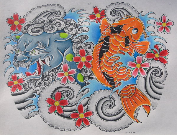 Foo Dog And Koi Color Tattoo Artwork