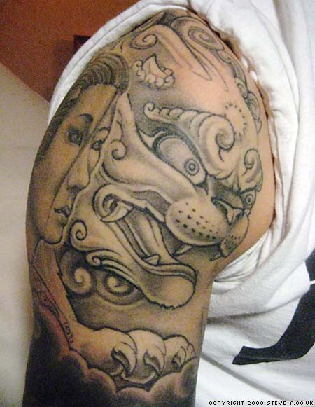 Japanese Tattoo Sleeve With Foo Dog And Geisha In Black Grey