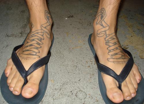 Creative Shoelace Tattoo Design On Foot For Men