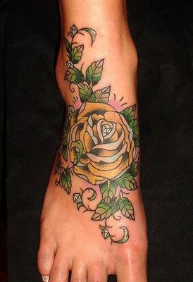 Cool Rose and Tree Tattoos Design On Foot For Men