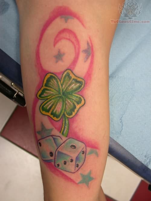 Four Leaf Clover Tattoo Combo with Stars and Dices Design