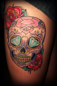 Beautiful Sugar Skull Thigh Tattoo