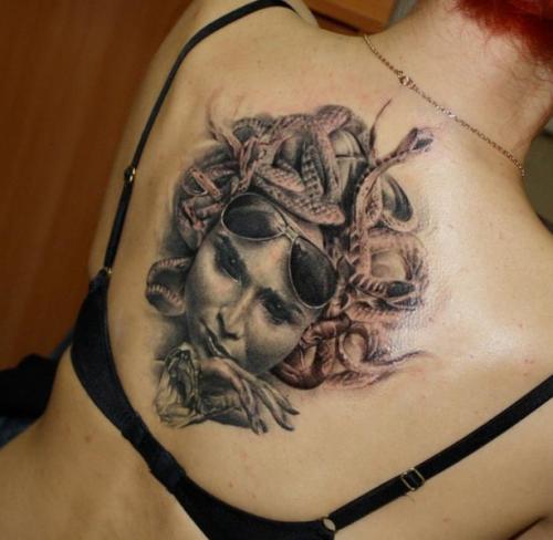 Terrific Chic Medusa Upper Back Tattoo Ideas For Girls