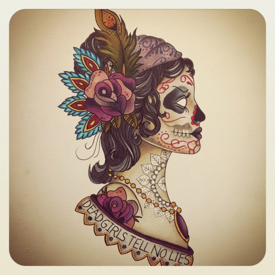 Gypsy Head Sugar Skull Soft Color Tattoo