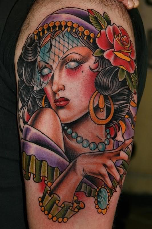 Sexy Gypsy Head Tatto with Gothic Eyes