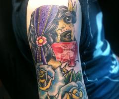 Gypsy Head Lady with Sull Mask and Red Scarf Tattoo