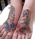 Couple Skull Gipsy Woman Colorfull Tattoo Foot Palm