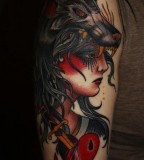 Gipsy Lady with Wolve Head Ornament Arm Tattoo