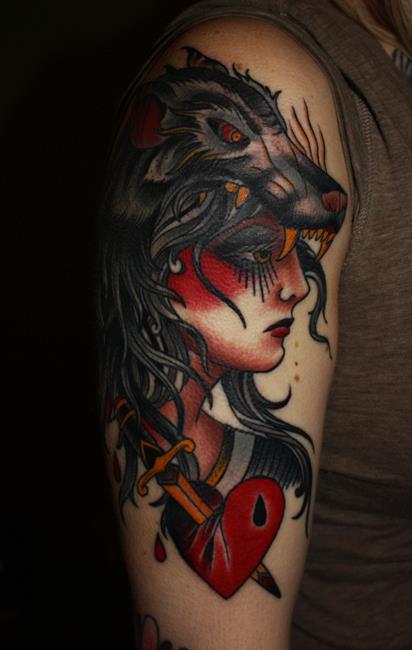 Gipsy Lady with Wolve Head Ornament Arm Tattoo