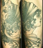 Twin Flesh and Skull Gypsy Women Dollar Greenish Tattoo