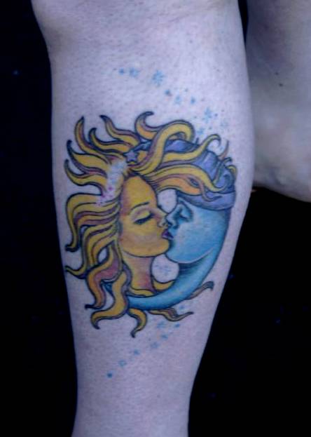 Colored Artistic Sun and Half Moon Tattoo Photos