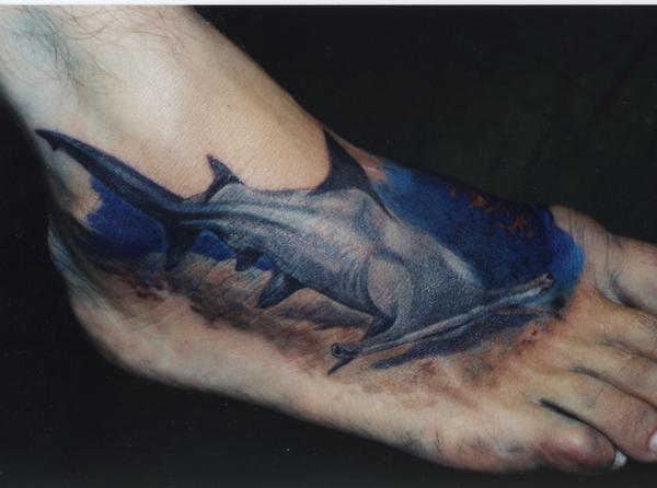 Fancy Hammerhead Shark Tattoo On The Foot