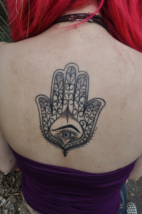 Cool Hamsa Hand Back Tattoo for Woman