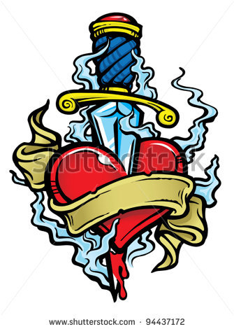 Colorful Nice Heart Dagger Tattoo Stock Vector