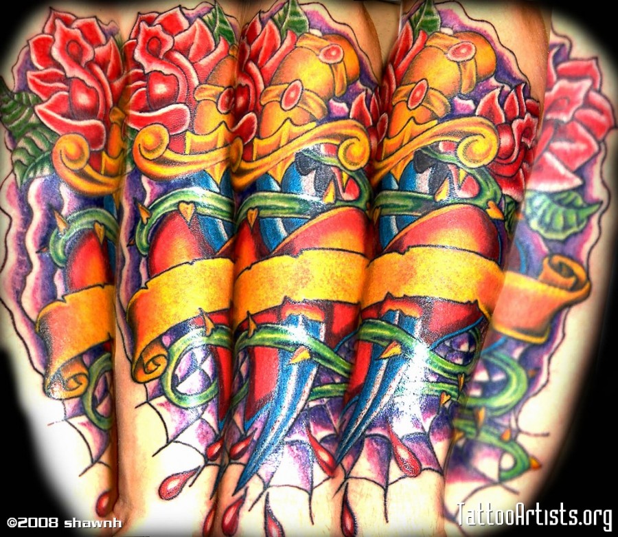 Superb Neotraditional Heart And Dagger Arm Tattoo