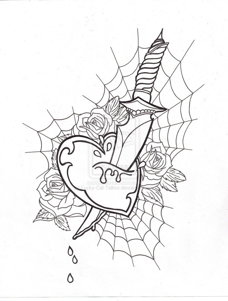 New Skool Heart Dagger By Lucky Cat Tattoo in Black and White Color