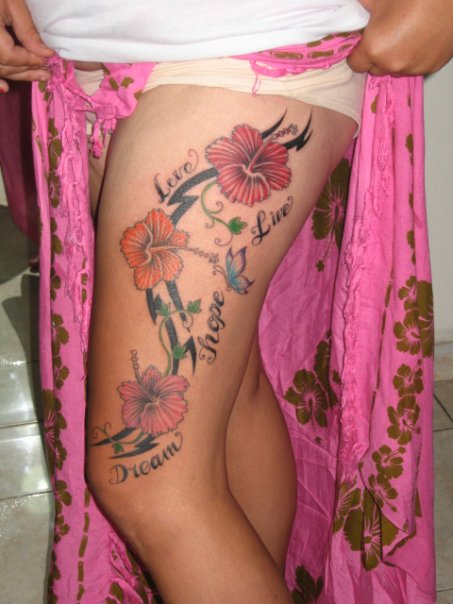 Hot Hibiscus Tattoo On Thigh Of Girl