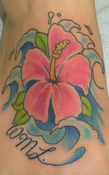 Hawaiian Hibiscus And Waves Tattoo Designs