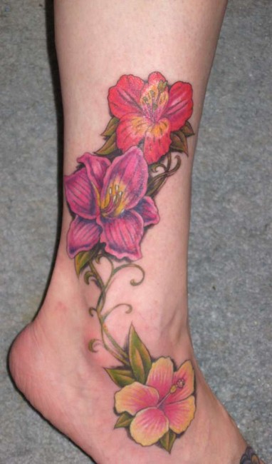 Pink and Red Hibiscus Tattoo On Foot