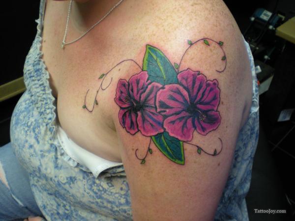 Purple Hibiscus Tattoo On Shoulder