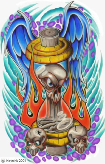 Flaming Skull Hourglass Tattoo Design