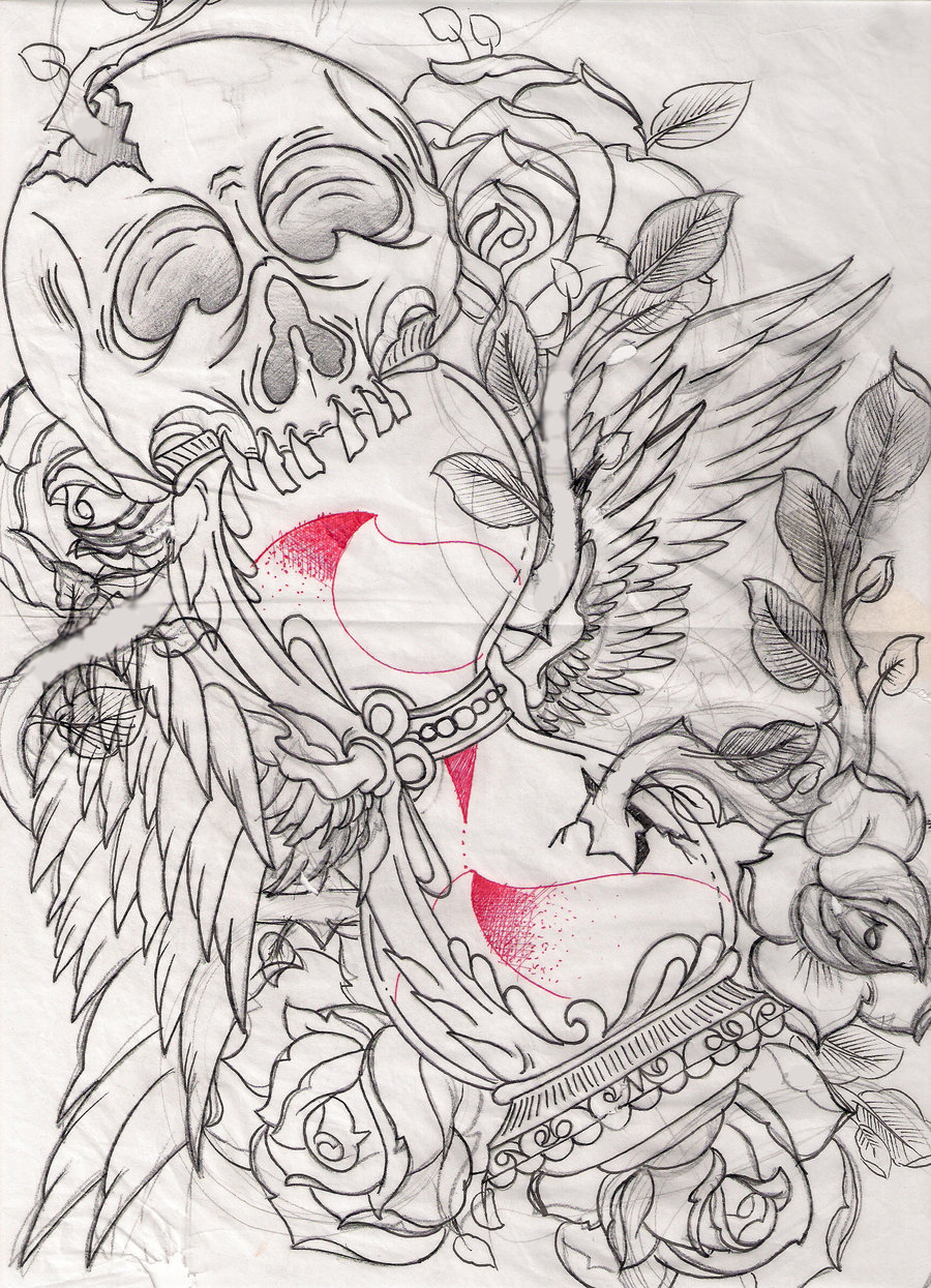 Skull And Hourglass Sketch Design Ideas for Tattoo