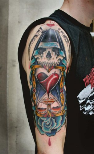 Hourglass with Skull and Blue Rose Tattoo Design